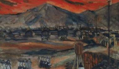 painting of barracks and mountains with red sky